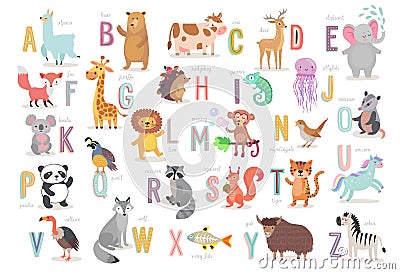 Cute Animals alphabet for kids education. Funny hand drawn style characters. Vector Illustration