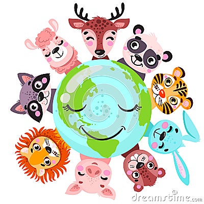 Cute animals around globe banner vector illustration. Animals planet concept, world continents fauna, world map with wild animals. Vector Illustration