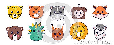 Cute animals. Asian manga animal avatar collection, cute pets with funny faces. Vector cartoon cat tiger lion and monkey Vector Illustration