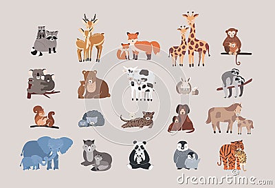 Cute animals with babies set. raccoon, deer, fox, giraffe, monkey, koala, bear, cow, rabbit, sloth, squirrel, hedgehog Vector Illustration