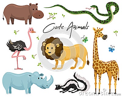 Cute animals for baby. Wild giraffe rhinoceros. ostrich and skunk. snake and hippopotamus. lion and tiger. vintage world Vector Illustration