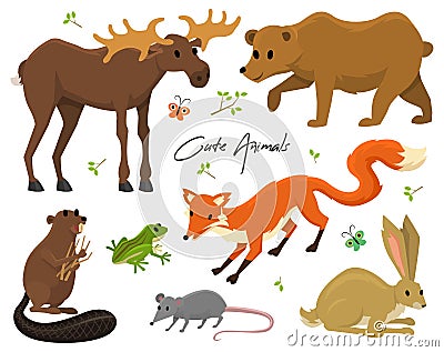 Cute animals for baby. Wild moose and deer, hare, wolf and bear. frog and fox. vintage world. Cartoon vector. Vector Illustration