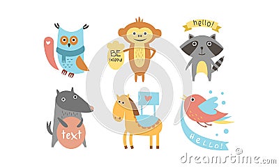 Cute animals with banners set, owl, raccoon, monkey, wolf, horse, bird holding signboards with text, design elelment for Vector Illustration