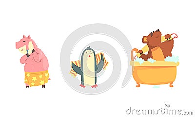 Cute Animals Bathing Vector Set. Hygiene and Care Concept Vector Illustration
