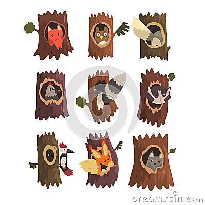 Cute animals and birds sitting in hollow of tree set, hollowed out old tree and fox, owl, wolf, raccoon, woodpecker and Vector Illustration