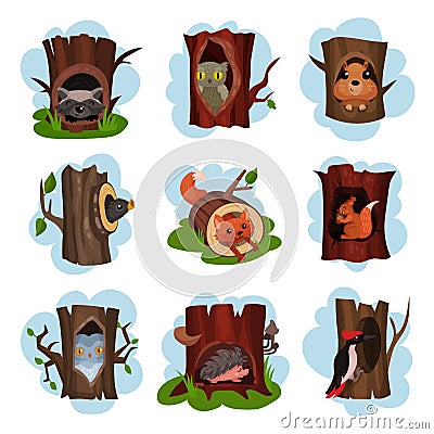 Cute animals and birds sitting in hollow of trees set, hollowed out old trees with fox, owl, hedgehog, raccoon Vector Illustration