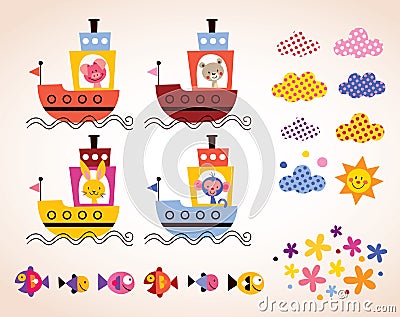 Cute animals in boats kids design elements set Vector Illustration