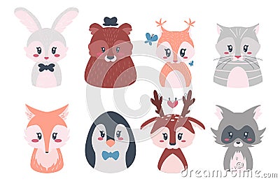 Cute animals. Cartoon baby forest characters, raccoon fox rabbit deer bear for kid illustration. Fauna print template Vector Illustration