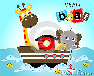 Cute animals cartoon, sailing with wooden boat Vector Illustration