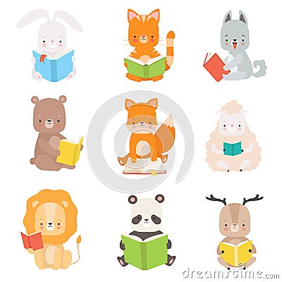 Cute Animals Characters Reading Books Set, Adorable Smart Cat, Panda Bear, Lion, Lamb, Fox, Wolf, Bunny, Deer Sitting Vector Illustration