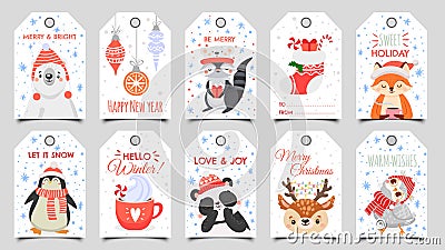 Cute animals christmas tags. Holiday gift tag with winter owl, deer and bears. Happy animal celebrate xmas label cartoon Vector Illustration