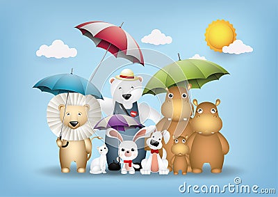 Cute animals and colorful umbrellas. Vector Illustration