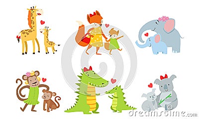 Cute animals couple mom and baby. Vector illustration. Vector Illustration
