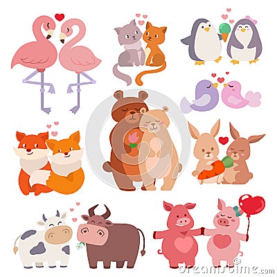 Cute animals couples in love collection happy valentines day loving cartoon characters together nature wildlife vector Vector Illustration