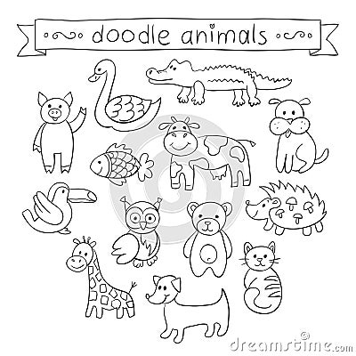 Cute Animals Doodle Set. Vector Illustration