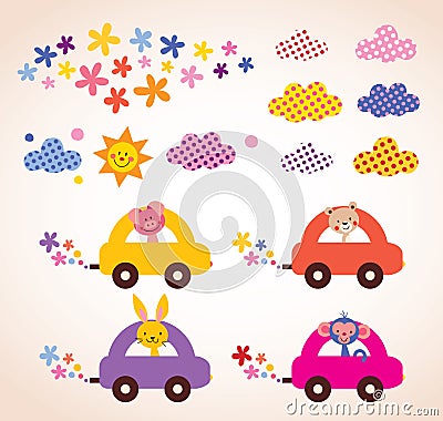 Cute animals driving cars kids stuff design elements set Vector Illustration