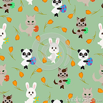 Cute animals with Easter eggs, tulips - seamless pattern Vector Illustration