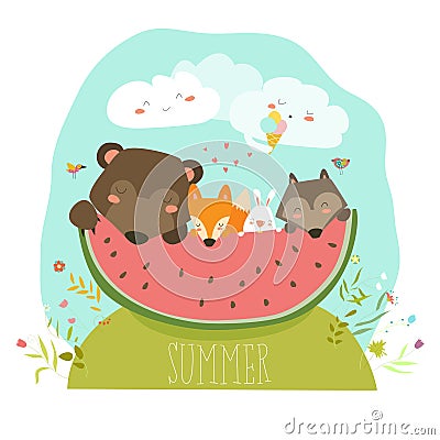 Cute animals eating watermelon slice. Hello summer Vector Illustration