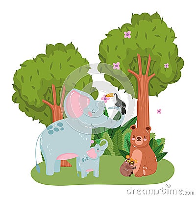 Cute animals elephants bear toucan and tarsius grass forest nature wild cartoon Vector Illustration