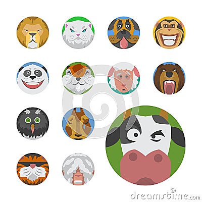 Cute animals emotions icons fun set face happy character emoji comic adorable pet and expression smile Vector Illustration