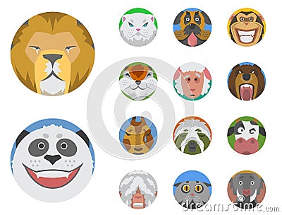 Cute animals emotions icons fun set face happy character emoji comic adorable pet and expression smile Vector Illustration