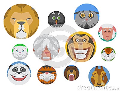 Cute animals emotions icons fun set face happy character emoji comic adorable pet and expression smile Vector Illustration