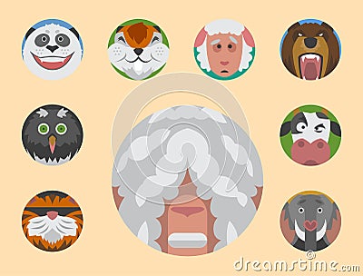 Cute animals emotions icons isolated fun set face happy character emoji comic adorable pet and expression smile Vector Illustration