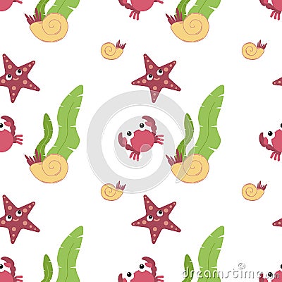 Cute animals in flat style - crab, starfish, shell. Vector Illustration