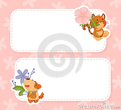 Cute Animals with Flower on Stalk Empty Note Card Vector Template Vector Illustration