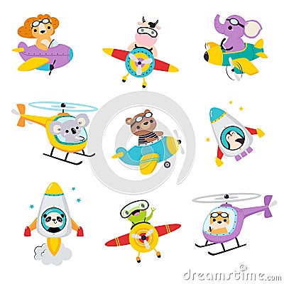 Cute Animals Flying on Airplane and Helicopter Vector Set Vector Illustration