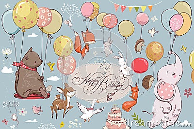 Cute animals flying with balloons Vector Illustration