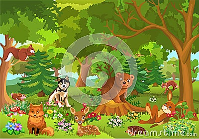 Cute animals in the forest Vector Illustration