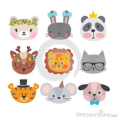 Cute animals with funny accessories. Set of hand drawn smiling characters. Cartoon zoo. Cat, lion, panda, dog, tiger, deer, bunny, Vector Illustration