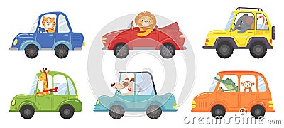 Cute animals in funny cars. Animal driver, pets vehicle and happy lion in car kid vector cartoon illustration set Vector Illustration