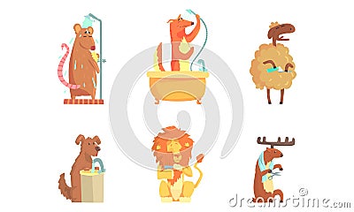 Cute Animals Grooming Bathing and Washing in the Bathroom Vector Set Vector Illustration