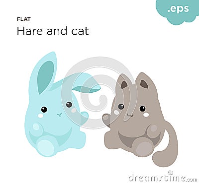 Cute animals hare and cat flat Stock Photo