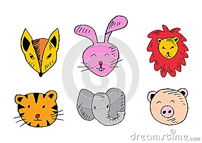 Cute animals head set, fox, cat, elephant,lion, pig and rabbit. Vector Illustration