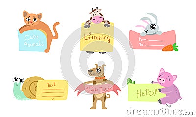 Cute Animals Holding Banners Set, Adorable Happy Cartoon Characters Standing with Blank Sheets of Paper, Cat, Cow, Snail Vector Illustration