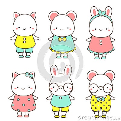 Cute animals. Kawaii rabbit, mouse and cat. Vector clip art for stickers, icons Vector Illustration