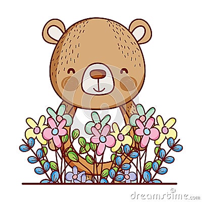 Cute animals, little bear flowers leaves foliage cartoon Vector Illustration