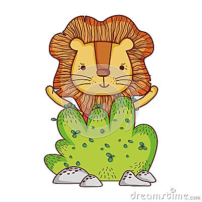 Cute animals, little lion cartoon bush nature Vector Illustration