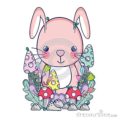 Cute animals, little rabbit flowers mushroom leaves foliage cartoon Vector Illustration