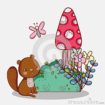 Cute animals, little squirrel flowers butterfly foliage cartoon Vector Illustration