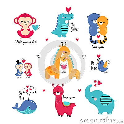 Cute Animals in Love Celebrating Valentine Day Vector Set Vector Illustration