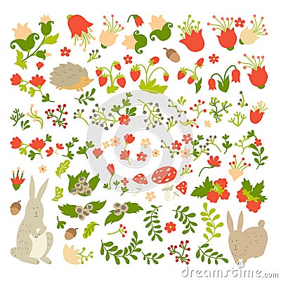 Cute animals on magic forest vector design. Cartoon rabbit and hedgehog illustrations for baby on light background Vector Illustration