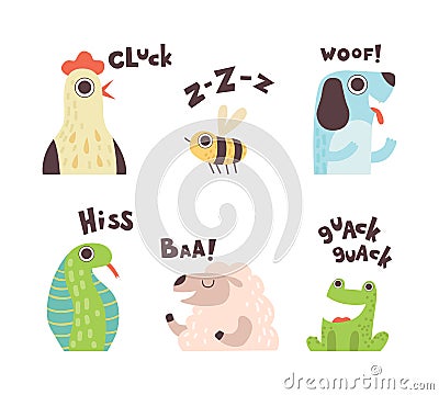 Cute Animals Making Noisy Sounds and Uttering Vector Set Vector Illustration