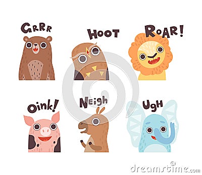 Cute Animals Making Noisy Sounds and Uttering Vector Set Vector Illustration