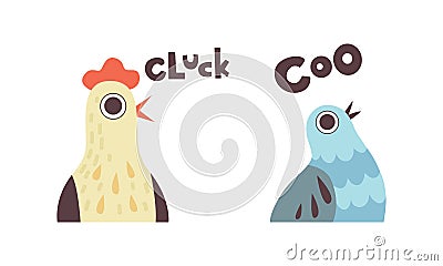 Cute Animals Making Sounds Set, Adorable Hen, Cuckoo Saying Cluck, Coo Cartoon Vector Illustration Vector Illustration