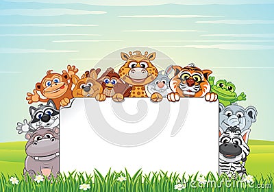 Cute Animals on Nature. Vector Cartoon Background Vector Illustration