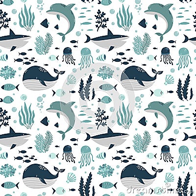 Cute animals of the ocean, marine mammals, dolphin and whale, seamless pattern, cartoon vector illustration Vector Illustration